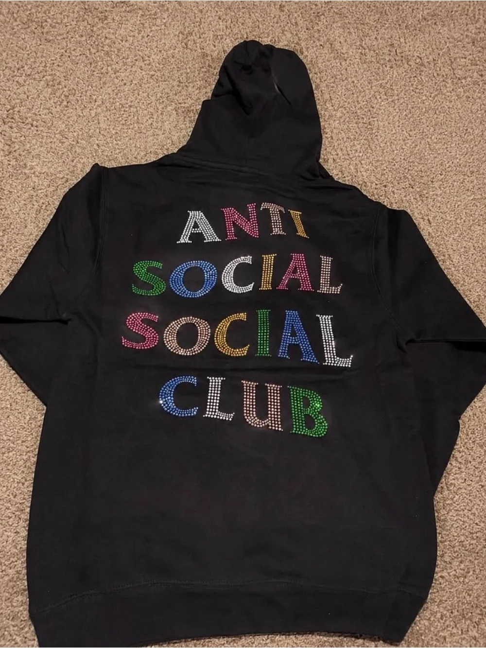 Anti Social Social Club Black Hoodie with Rainbow Rhinestone Letters